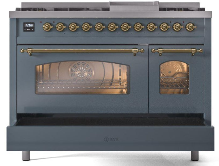 ILVE Nostalgie II 48" Dual Fuel Propane Gas Range in Blue Grey with Brass Trim, UP48FNMPBGGLP