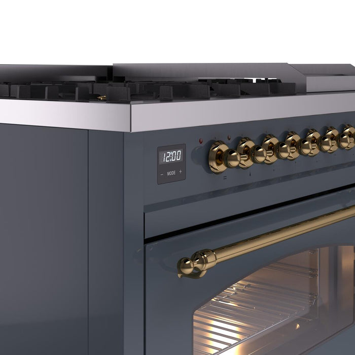 ILVE Nostalgie II 48" Dual Fuel Natural Gas Range in Blue Grey with Brass Trim, UP48FNMPBGG