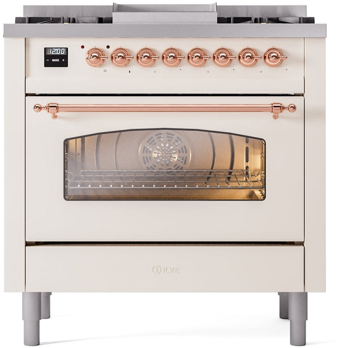 ILVE Nostalgie II 36" Dual Fuel Natural Gas Range in Antique White with Copper Trim, UP36FNMPAWP