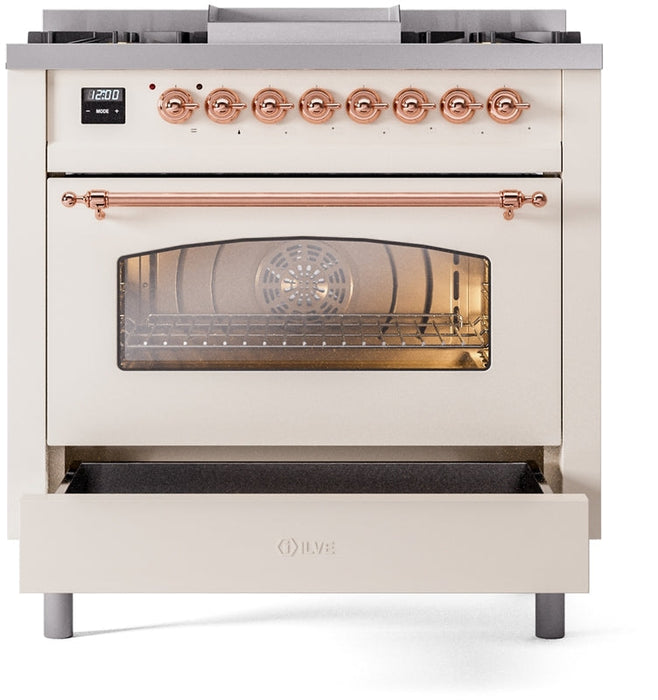 ILVE Nostalgie II 36" Dual Fuel Natural Gas Range in Antique White with Copper Trim, UP36FNMPAWP