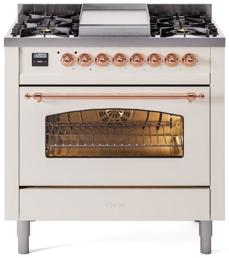 ILVE Nostalgie II 36" Dual Fuel Natural Gas Range in Antique White with Copper Trim, UP36FNMPAWP