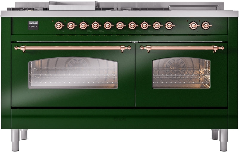 ILVE Nostalgie II 60" Dual Fuel Natural Gas Range in Emerald Green with Copper Trim, UP60FSNMPEGP