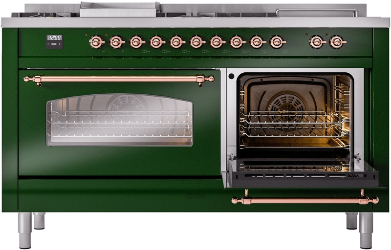 ILVE Nostalgie II 60" Dual Fuel Natural Gas Range in Emerald Green with Copper Trim, UP60FSNMPEGP