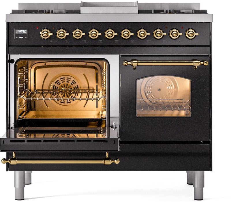 ILVE Nostalgie II 40" Dual Fuel Propane Gas Range in Black with Brass Trim, UPD40FNMPBKGLP