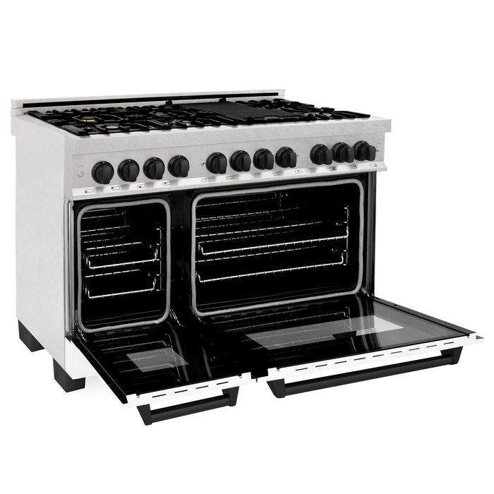 ZLINE Autograph Edition 48 in. 6.0 cu. ft. Range, Gas Stove/Electric Oven in DuraSnow® with White Matte Door, Matte Black Accents, RASZ-WM-48-MB