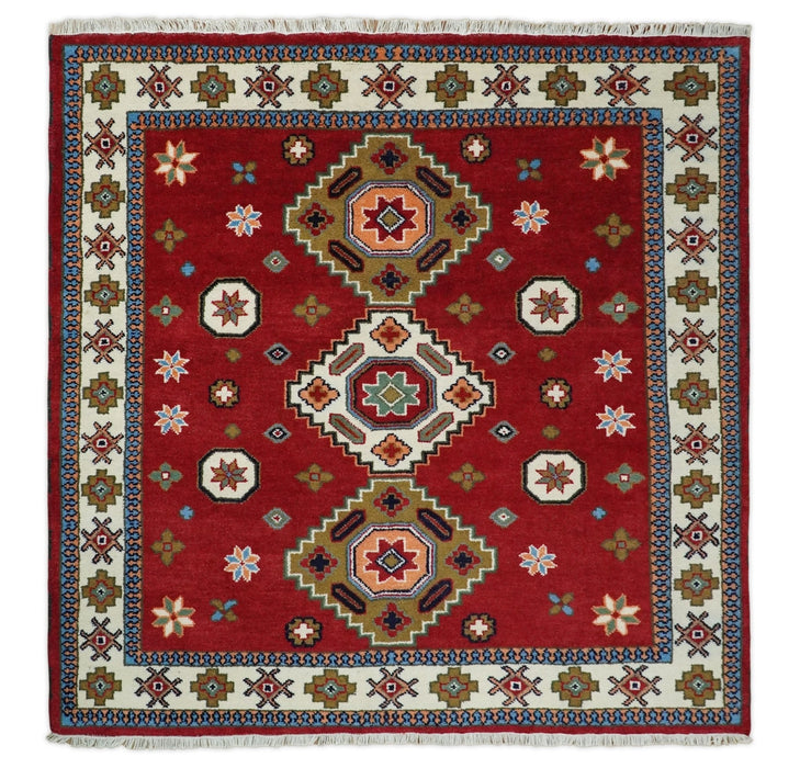 6x6 Square Hand Knotted Antique Kazak Red and Ivory Traditional Tribal Armenian Rug | KZA15