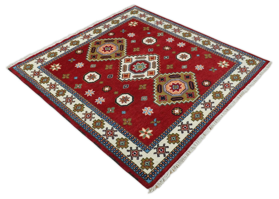 6x6 Square Hand Knotted Antique Kazak Red and Ivory Traditional Tribal Armenian Rug | KZA15