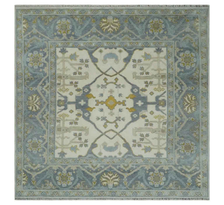 6x6 Square Hand Knotted Oriental Oushak Ivory, Charcoal and Beige Wool Area Rug