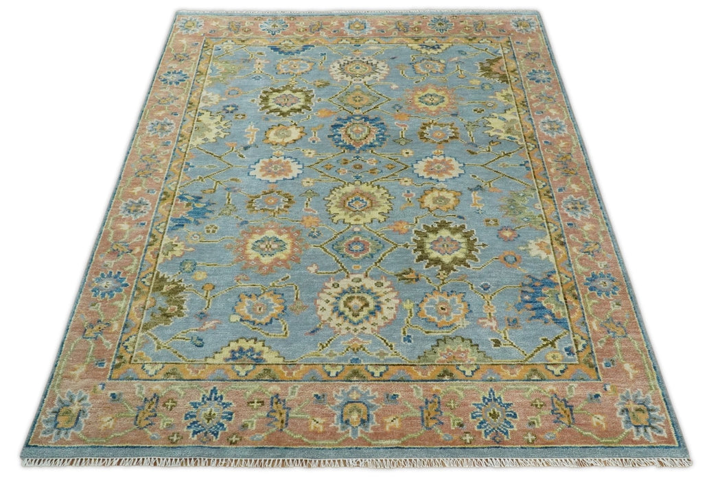 Ready to Ship Hand Knotted Blue and Rust Modern Oushak Area Rug