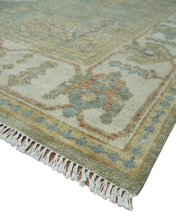 Antique Look Hand Knotted Medallion Olive and Ivory Vintage Style Wool Rug