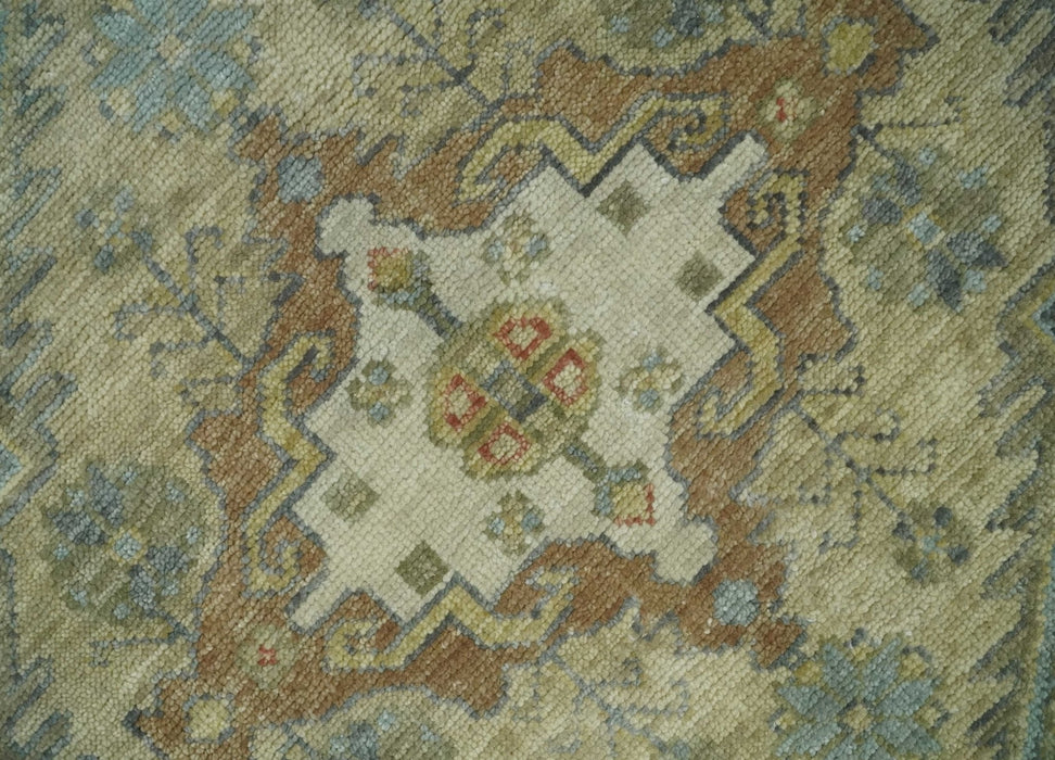 Antique Look Hand Knotted Medallion Olive and Ivory Vintage Style Wool Rug