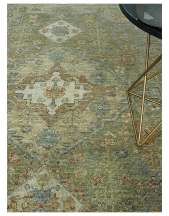 Antique Look Hand Knotted Medallion Olive and Ivory Vintage Style Wool Rug