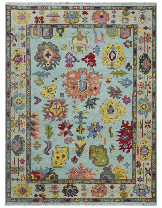 Hand Knotted Custom Made Blue and Beige Modern Oushak Wool Area Rug