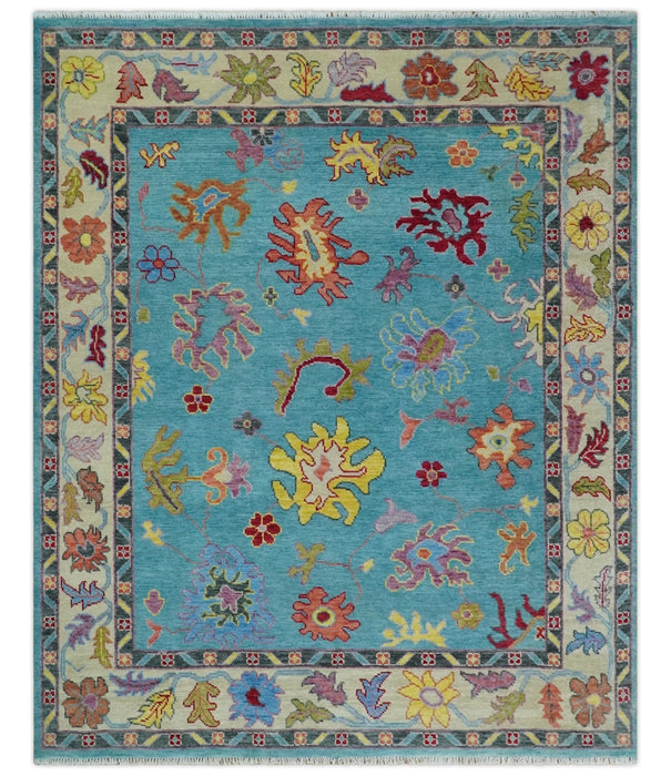 Traditional Blue and Camel Colorful Hand knotted Oushak Custom Made Wool Area Rug