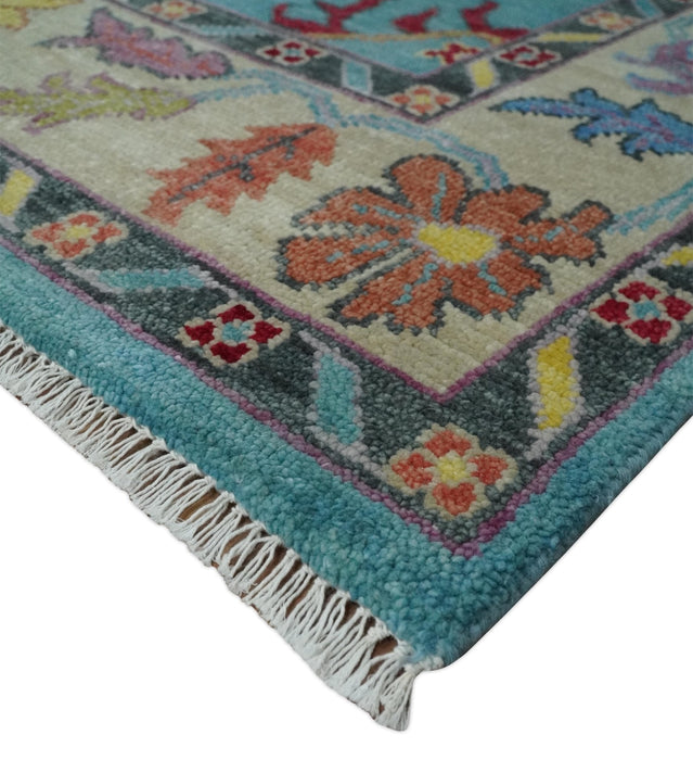 Traditional Blue and Camel Colorful Hand knotted Oushak Custom Made Wool Area Rug