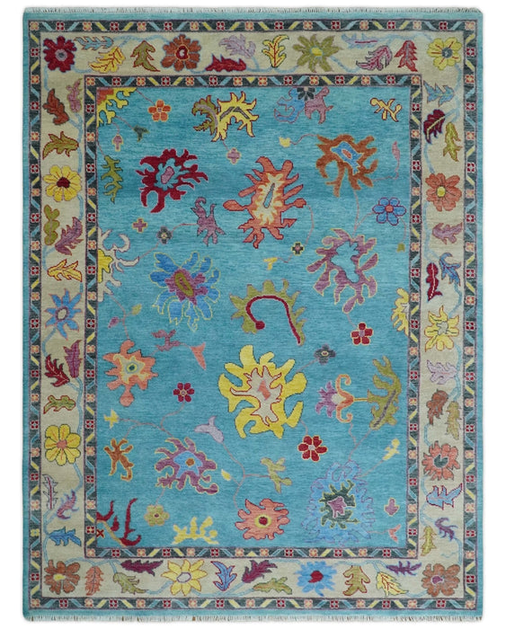 Traditional Blue and Camel Colorful Hand knotted Oushak Custom Made Wool Area Rug