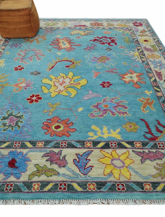 Traditional Blue and Camel Colorful Hand knotted Oushak Custom Made Wool Area Rug