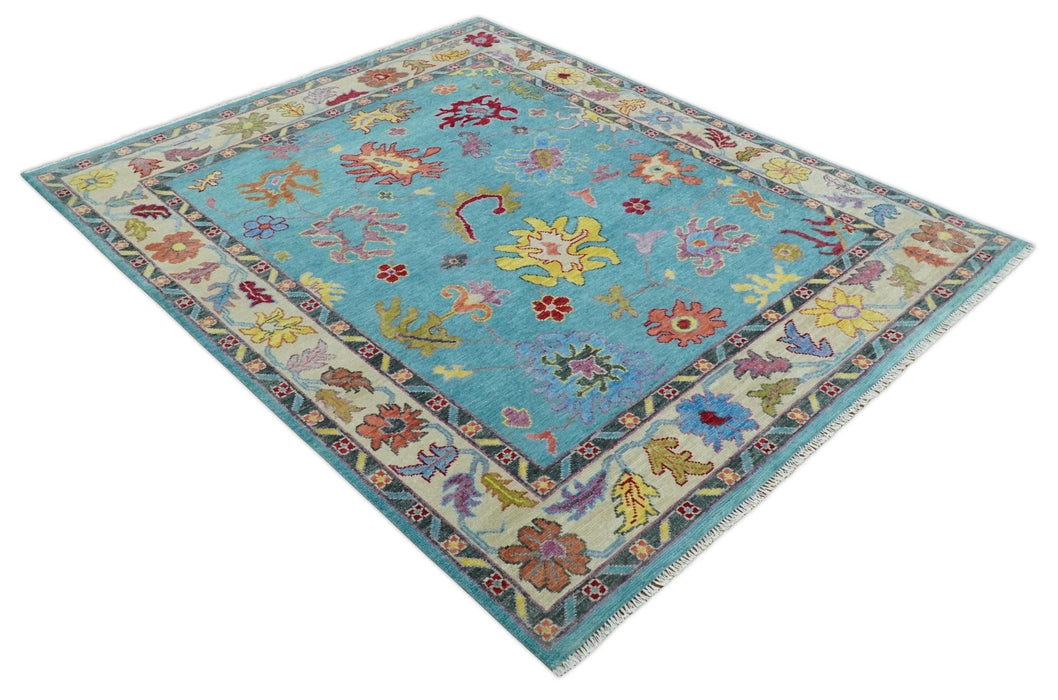 Traditional Blue and Camel Colorful Hand knotted Oushak Custom Made Wool Area Rug