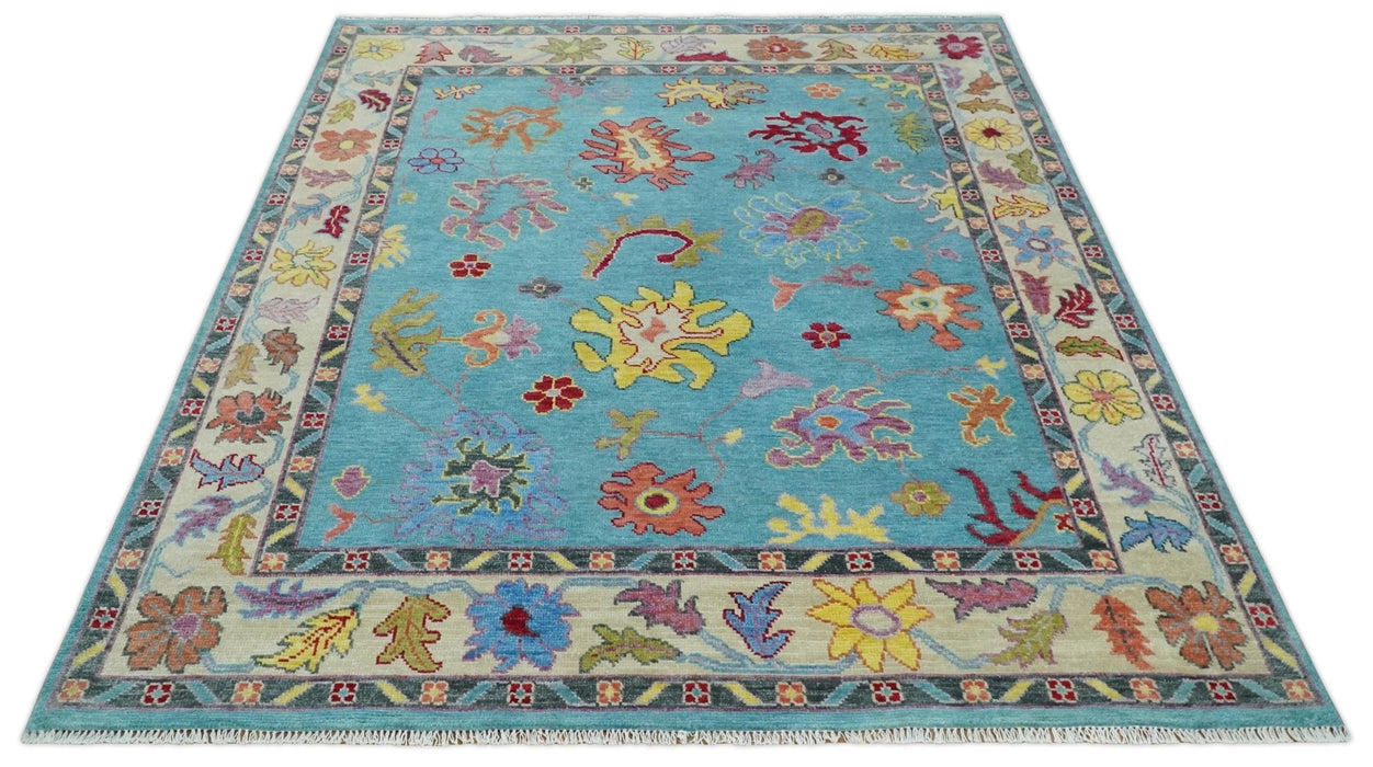 Traditional Blue and Camel Colorful Hand knotted Oushak Custom Made Wool Area Rug