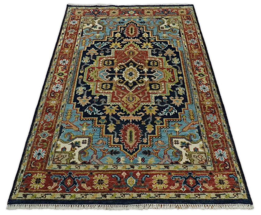 Custom Made Blue and Rust Hand Knotted Wool Antique Style Wool Area Rug
