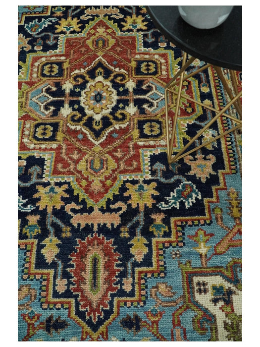 Custom Made Blue and Rust Hand Knotted Wool Antique Style Wool Area Rug