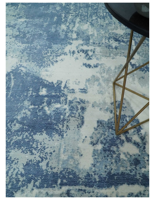 6x9 Blue, Ivory and Gray Modern Abstract Hand Loomed Blended wool and Art silk Area Rug