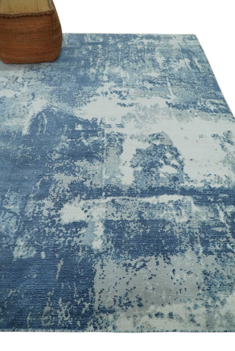 6x9 Blue, Ivory and Gray Modern Abstract Hand Loomed Blended wool and Art silk Area Rug