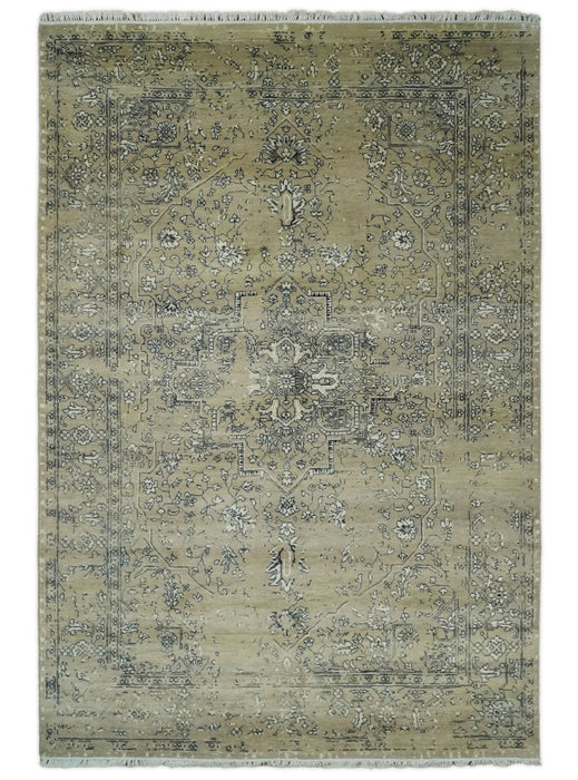 6x9 Fine Hand Knotted Beige and Black Traditional Vintage Persian Style Antique Wool Rug | AGR4