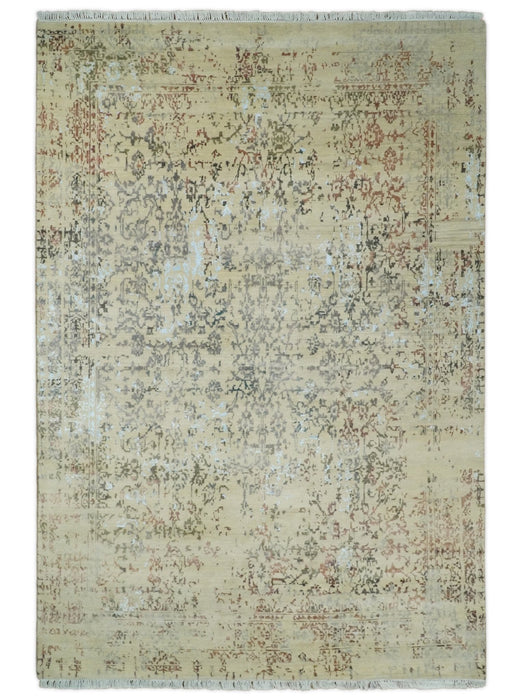 6x9 Fine Hand Knotted Beige and Rust Traditional Vintage Persian Style Antique Wool and Silk Rug | AGR2