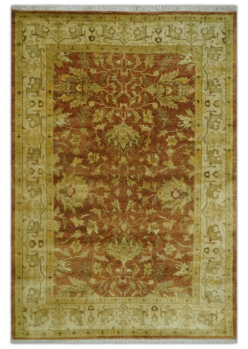 6x9 Hand Knotted Beige and Rust Traditional Oushak Wool Area Rug