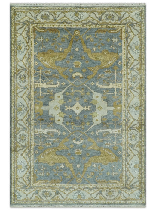 6x9 Hand Knotted Gray, Olive and Ivory Traditional Oriental Oushak wool area rug