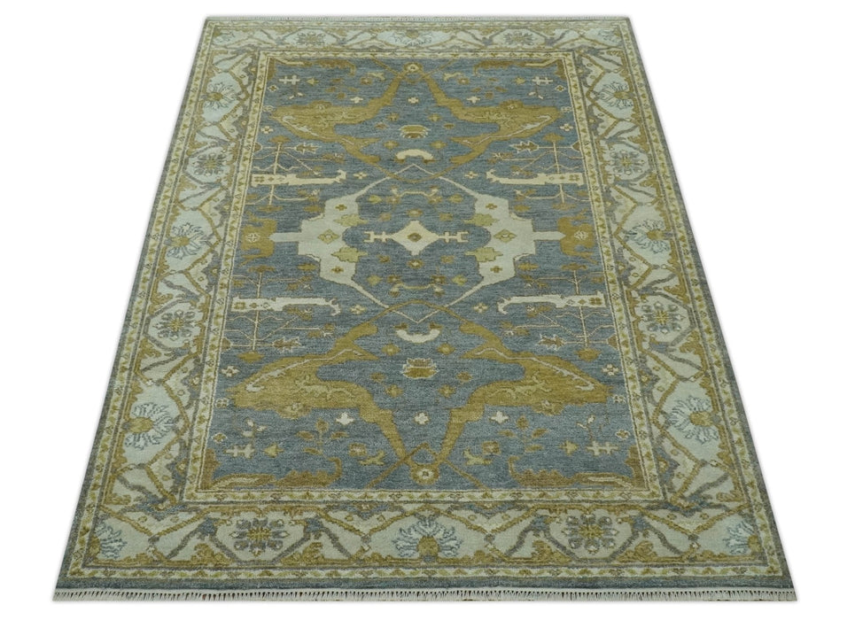 6x9 Hand Knotted Gray, Olive and Ivory Traditional Oriental Oushak wool area rug