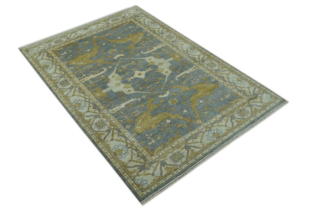 6x9 Hand Knotted Gray, Olive and Ivory Traditional Oriental Oushak wool area rug