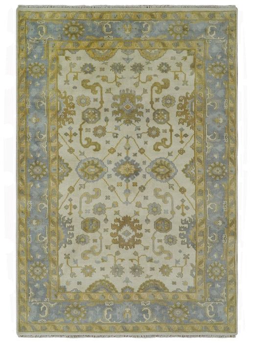 6x9 Hand Knotted Ivory, Gray and Mustard Traditional Oriental Oushak wool rug