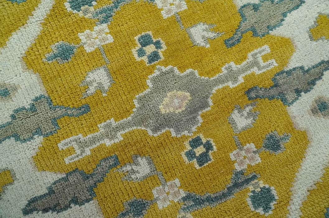6x9 Mustard, Ivory and Gray Hand Knotted Traditional Oriental Oushak wool area rug