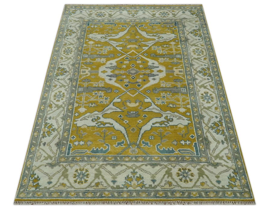 6x9 Mustard, Ivory and Gray Hand Knotted Traditional Oriental Oushak wool area rug