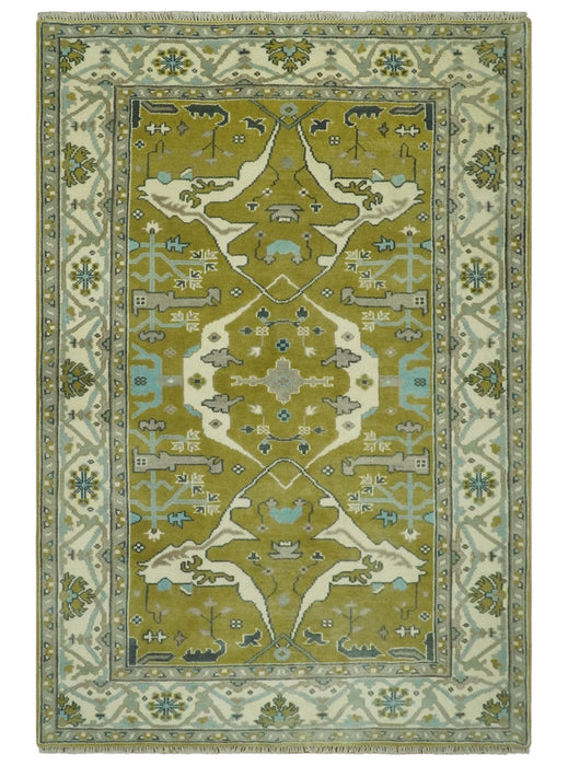 6x9 Olive and Ivory Hand Knotted Traditional Oriental Oushak wool area rug