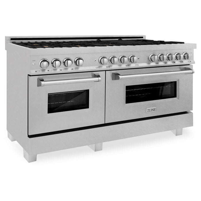 ZLINE 60 in. Professional Gas Burner, 7.6 cu. ft. Electric Oven in DuraSnow® Stainless and Brass Burner Set, RAS-SN-BR-60