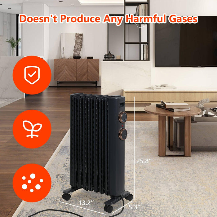 1500W Oil Filled Radiator Heater with 3 Heating Modes Portable Electric Space Heater, Matte Black