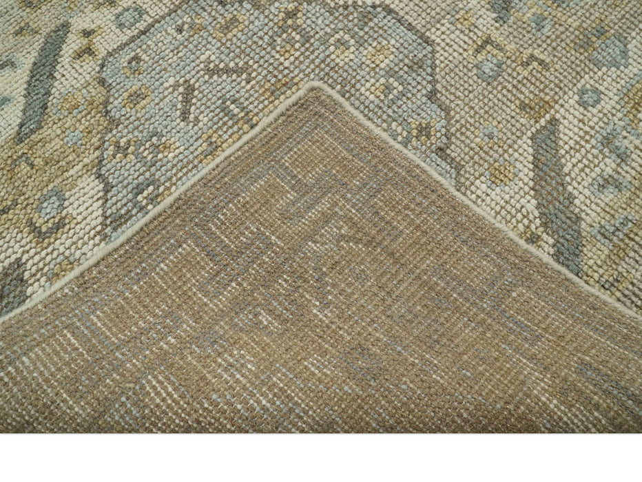 Custom Made Ivory, Brown and Blue Traditional Hand Knotted Wool Area Rug