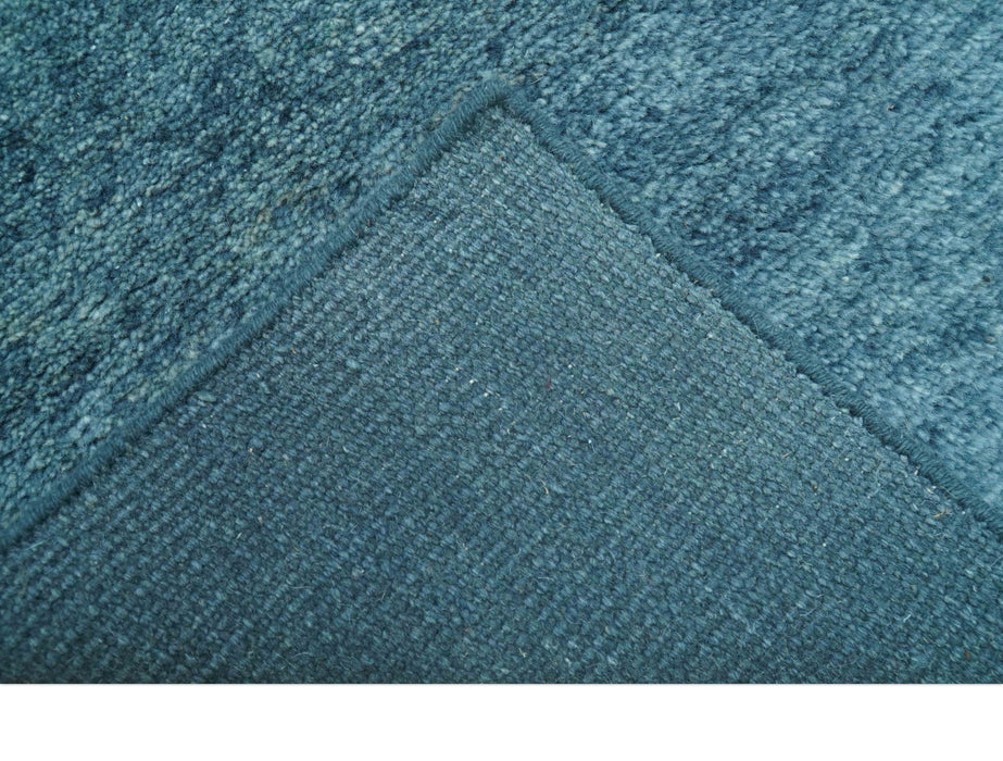 Custom Made Contemporary Solid Plush Blue Hand Knotted Wool Rug
