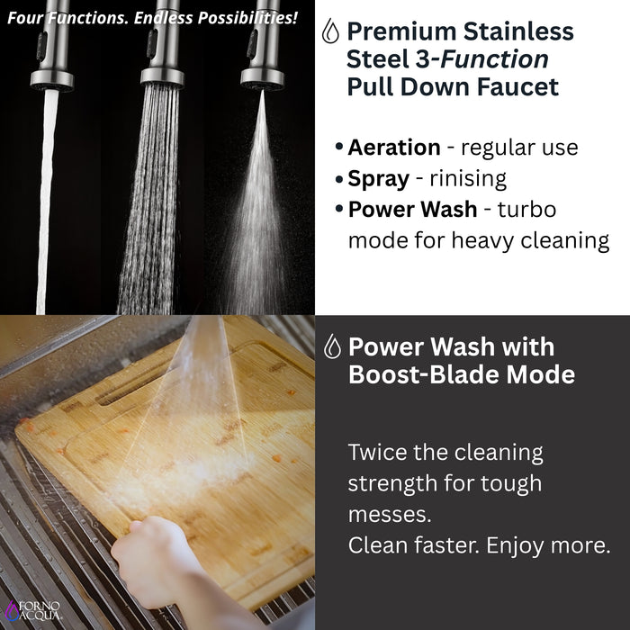 FORNO ACQUA 33 in. Drop-In/Undermount 3-Level Workstation Sink with Faucet, Waterfall & Glass Rinser