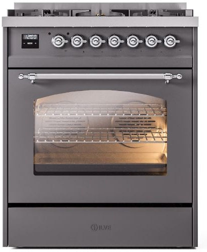 ILVE Nostalgie II 30" Dual Fuel Natural Gas Range in Matte Graphite with Chrome Trim, UP30NMPMGC