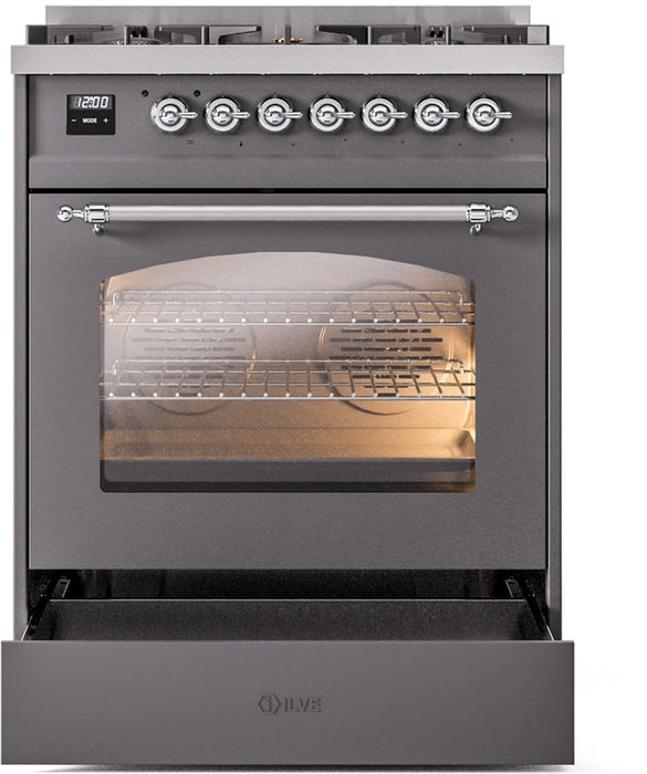 ILVE Nostalgie II 30" Dual Fuel Natural Gas Range in Matte Graphite with Chrome Trim, UP30NMPMGC