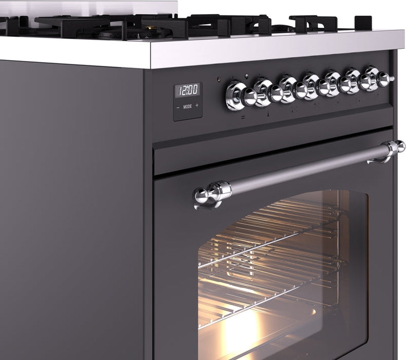 ILVE Nostalgie II 30" Dual Fuel Natural Gas Range in Matte Graphite with Chrome Trim, UP30NMPMGC