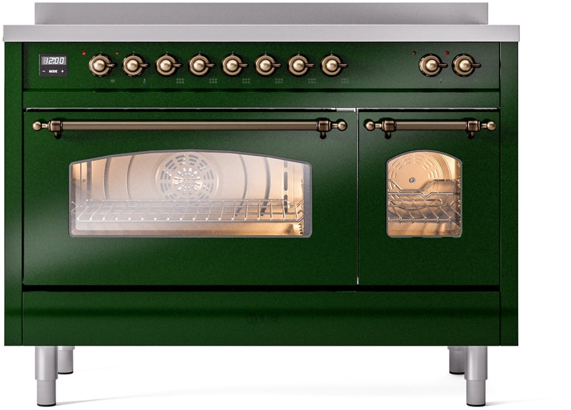 ILVE Nostalgie II 48" Induction Range with Element Stove and Electric Oven in Emerald Green with Bronze Trim, UPI486NMPEGB