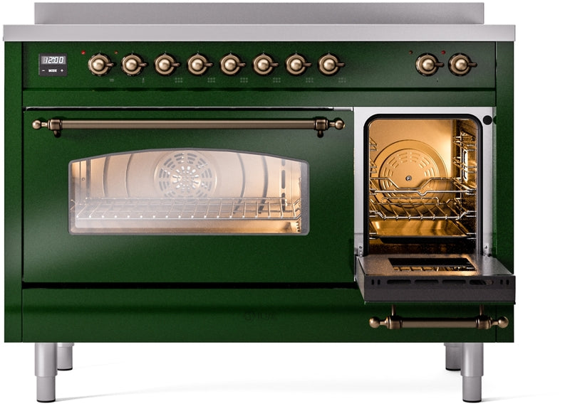 ILVE Nostalgie II 48" Induction Range with Element Stove and Electric Oven in Emerald Green with Bronze Trim, UPI486NMPEGB