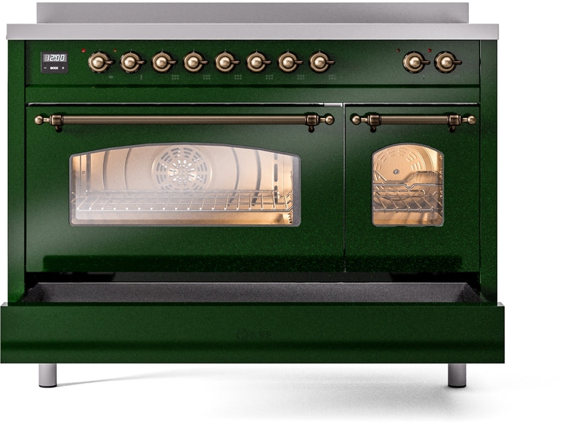 ILVE Nostalgie II 48" Induction Range with Element Stove and Electric Oven in Emerald Green with Bronze Trim, UPI486NMPEGB