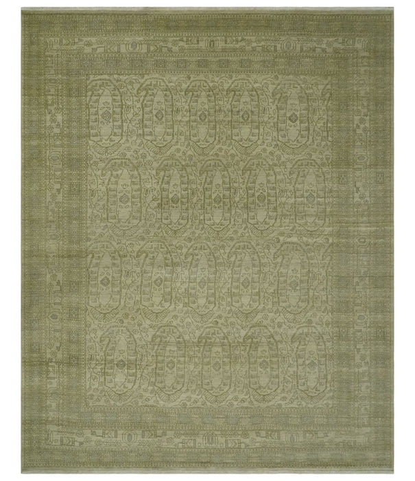 7.10x9.7 Traditional Ivory and Olive Antique Style Hand knotted Wool Area Rug, Kids, Living Room and Bedroom Rug