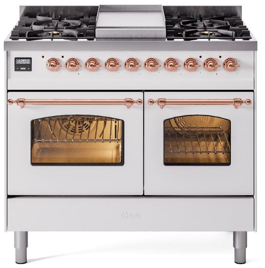 ILVE Nostalgie II 40" Dual Fuel Propane Gas Range in White with Copper Trim, UPD40FNMPWHPLP